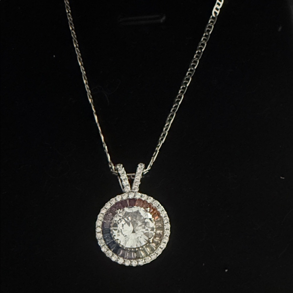 Round Halo triple A cz’s Pendant Necklace w, color stones around. Sterling chain